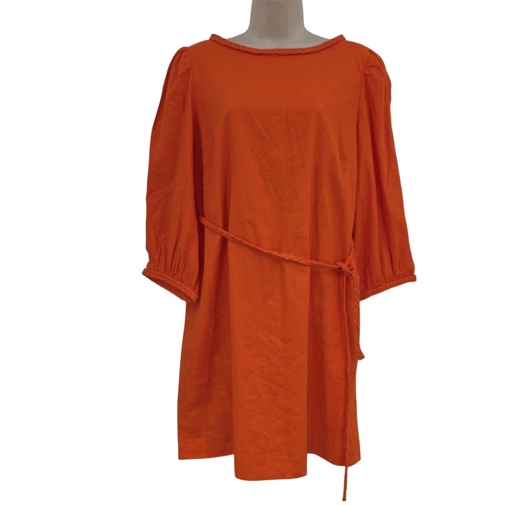 Ann Taylor Linen Blend Dress Women 12P Orange Belted Shift Work Career Resort